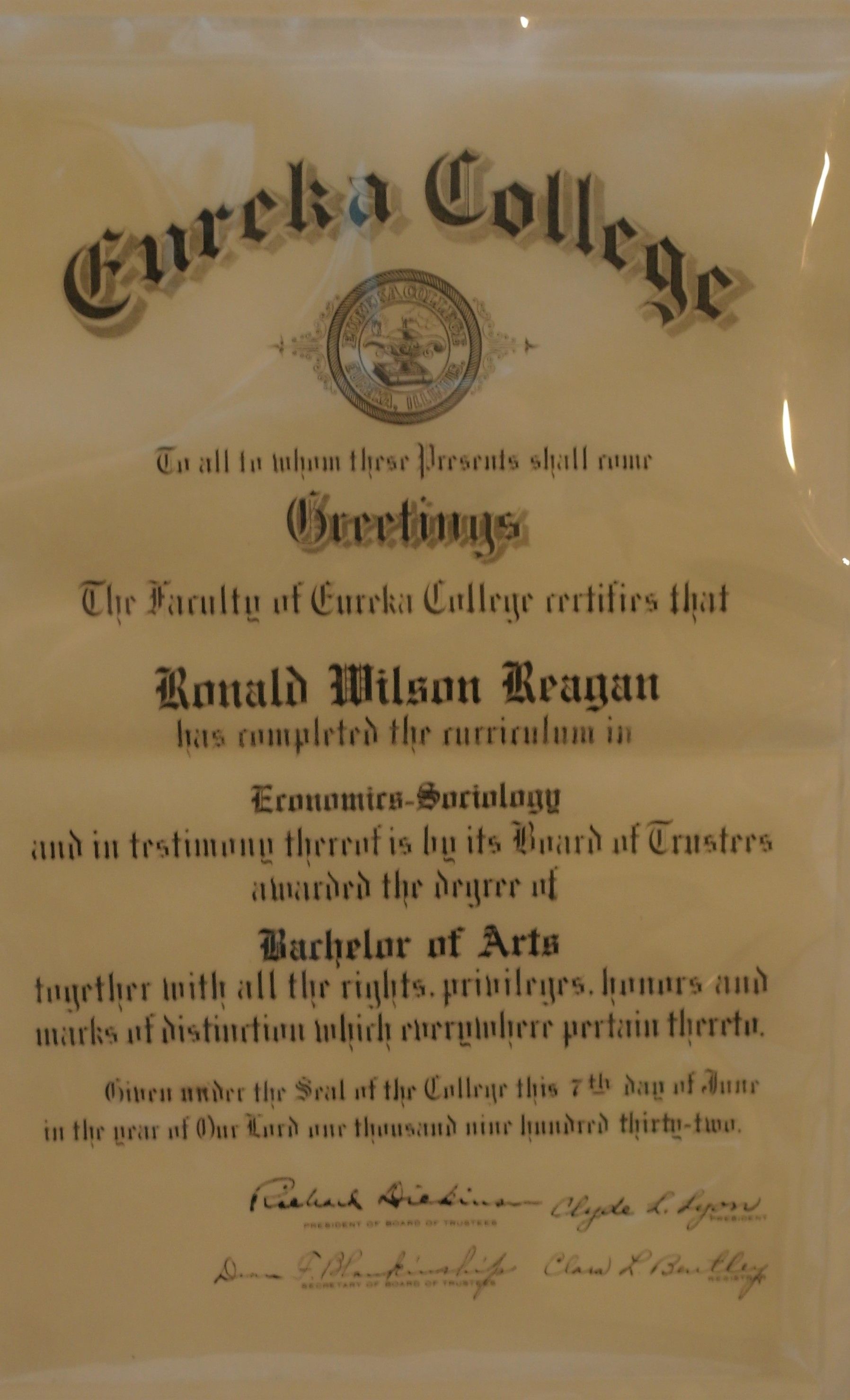 Close-up of Ronald Reagan's Eureka College diploma